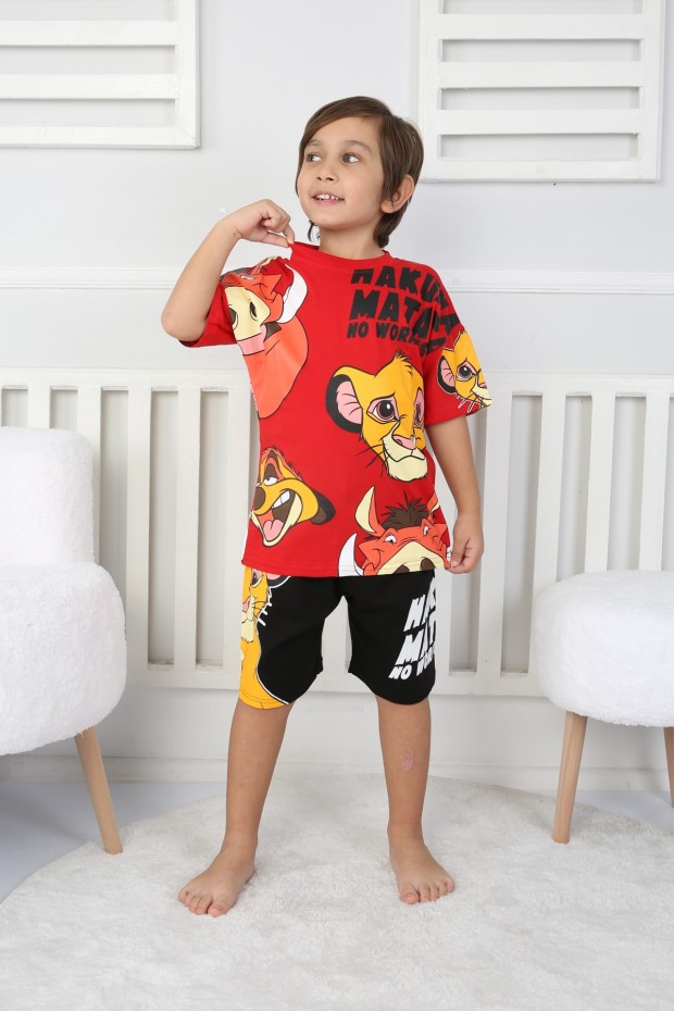 Arkası Baskılı Tişört Ve Şortlu Kırmızı Takım