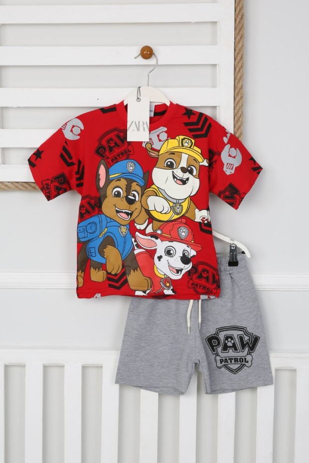 Arkası Baskılı Tişört Ve Şortlu Kırmızı Takım