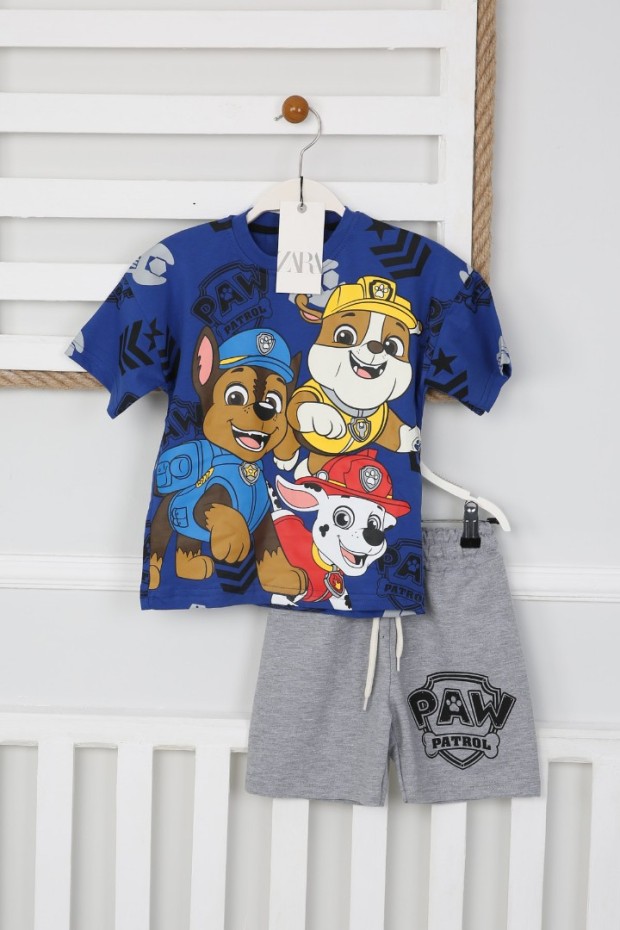 Arkası Baskılı Tişört Ve Şortlu Saks Takım