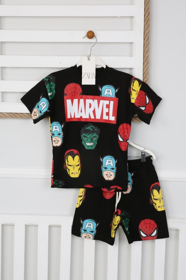 Arkası Baskılı Tişört Ve Şortlu Siyah Takım