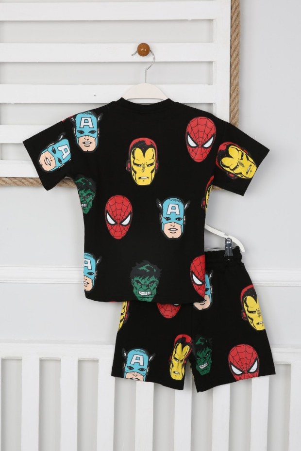 Arkası Baskılı Tişört Ve Şortlu Siyah Takım