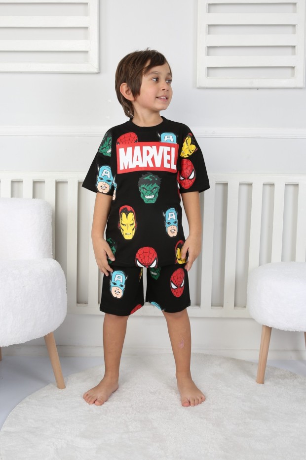 Arkası Baskılı Tişört Ve Şortlu Siyah Takım