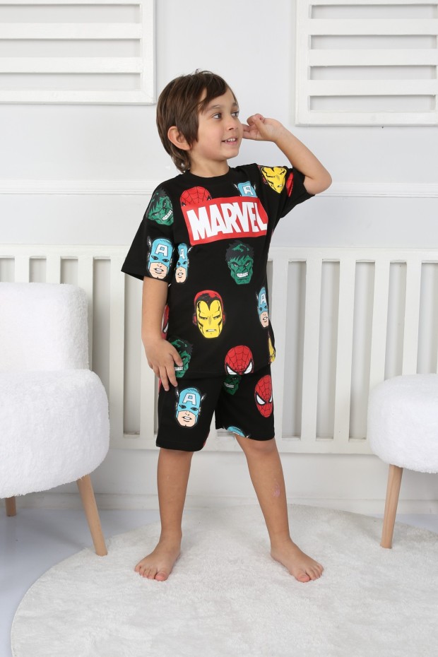 Arkası Baskılı Tişört Ve Şortlu Siyah Takım