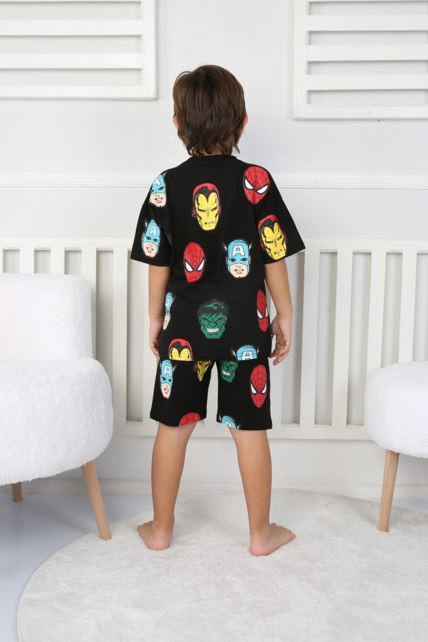 Arkası Baskılı Tişört Ve Şortlu Siyah Takım