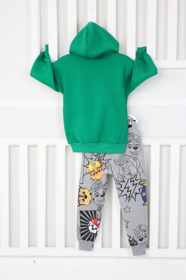 Üç İplik Şardonlu Kapşonlu Baskılı Yeşil Takım 