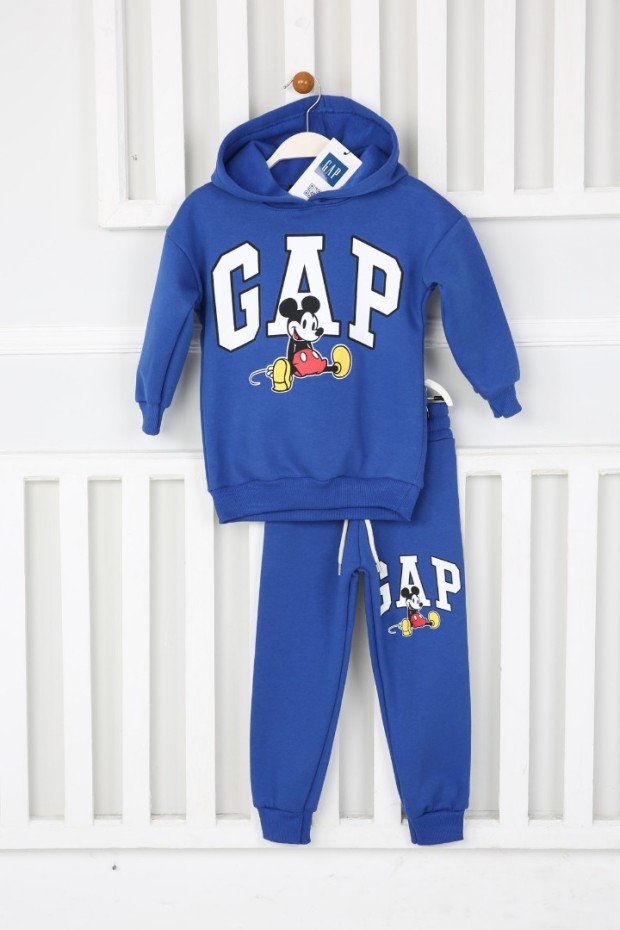 Üç İplik Şardonlu Kapşonlu Baskılı Saks Takım 