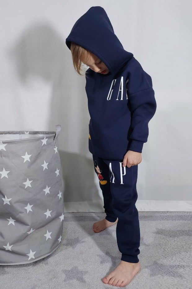 Üç İplik Şardonlu Kapşonlu Baskılı Lacivert Takım 