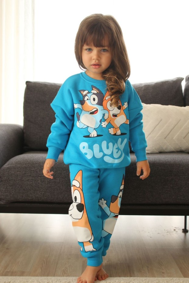 Üç İplik Şardonlu Arka Baskılı Mavi Takım 