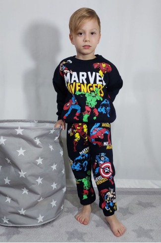 Üç İplik Şardonlu Baskılı Siyah Takım 