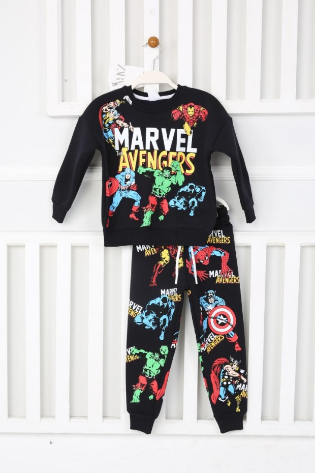 Üç İplik Şardonlu Baskılı Siyah Takım 