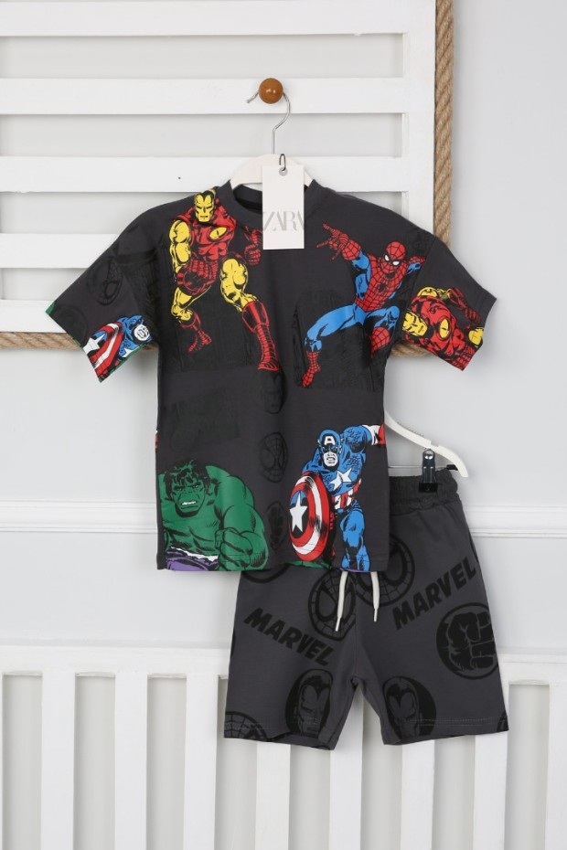 Arkası Baskılı Tişört Ve Şortlu Antrasit Takım