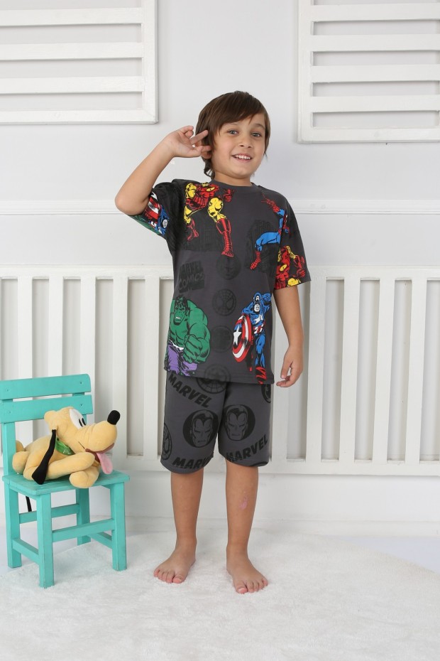 Arkası Baskılı Tişört Ve Şortlu Antrasit Takım