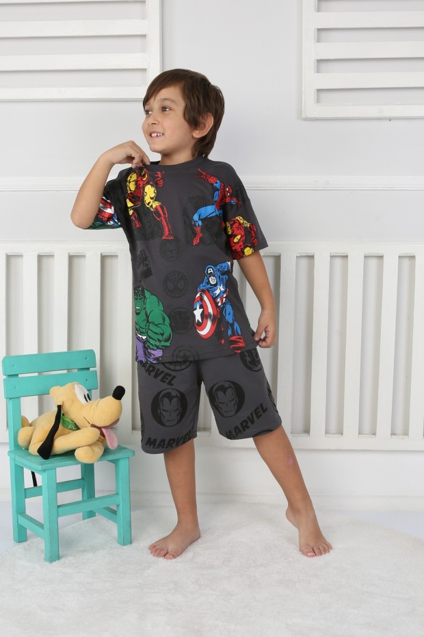 Arkası Baskılı Tişört Ve Şortlu Antrasit Takım