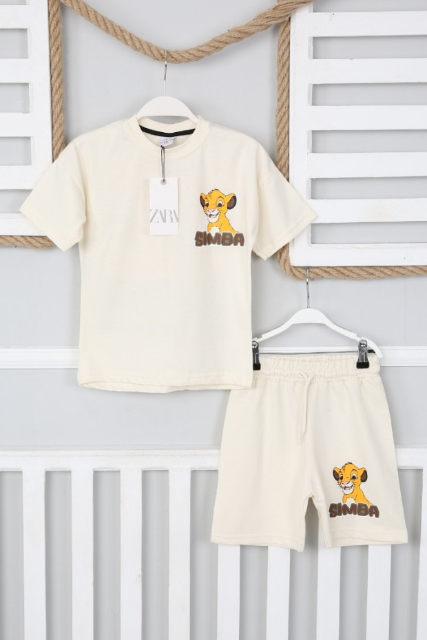 2-8 Yaş Arka Baskılı Tişört Ve Şortlu Krem Takım