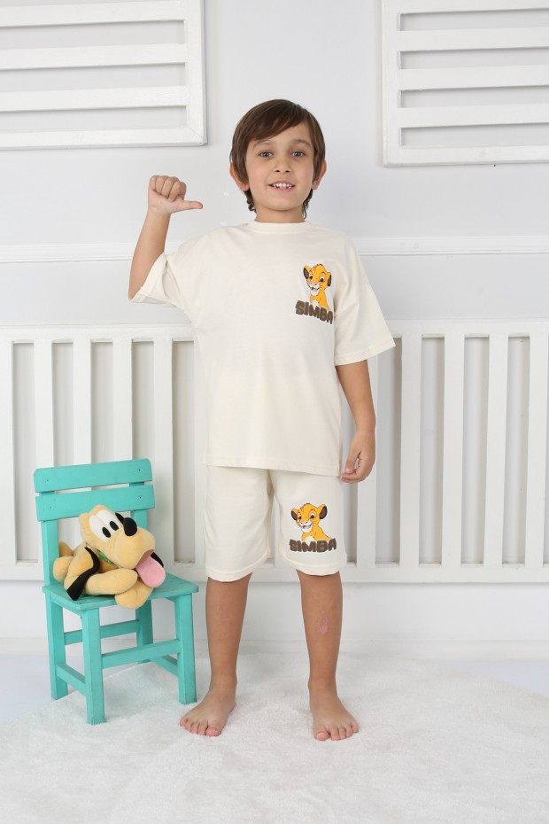 2-8 Yaş Arka Baskılı Tişört Ve Şortlu Krem Takım