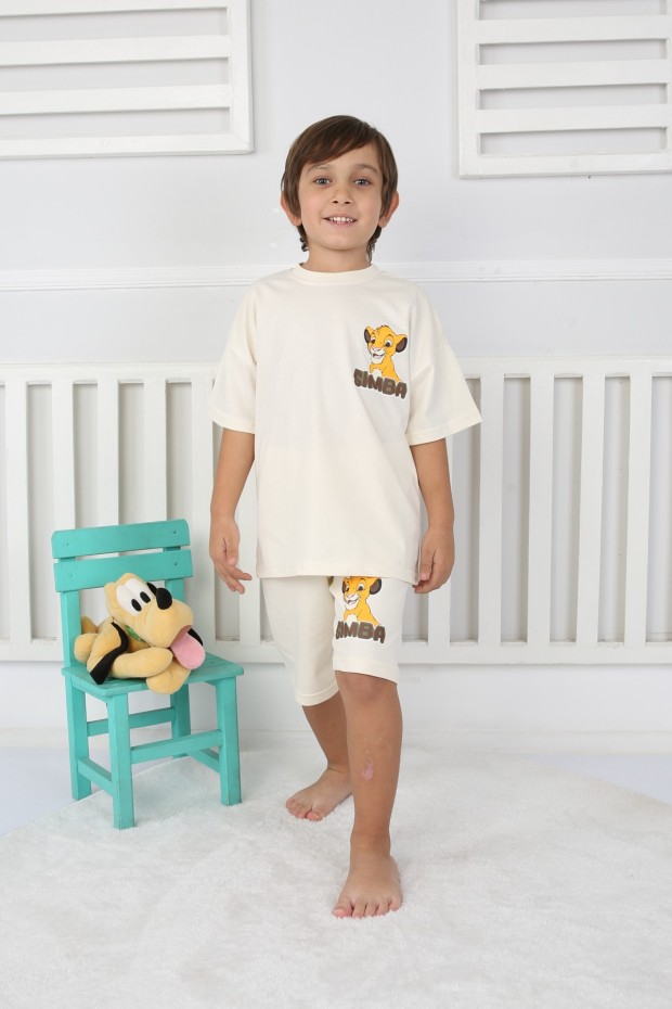 2-8 Yaş Arka Baskılı Tişört Ve Şortlu Krem Takım