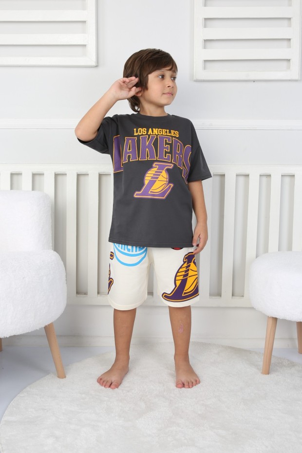 Baskılı Tişört Ve Şortlu Antrasit Takım