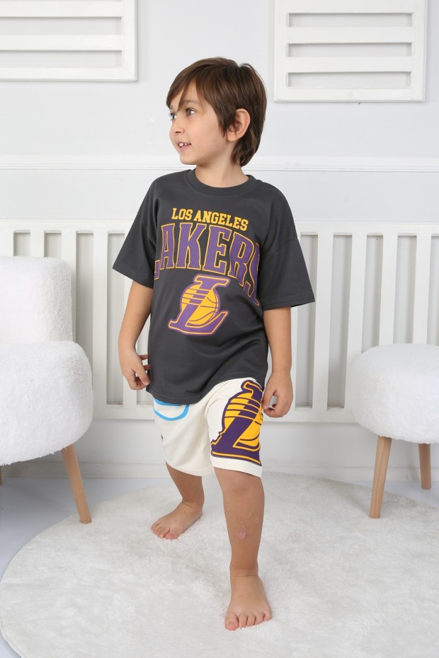 Baskılı Tişört Ve Şortlu Antrasit Takım