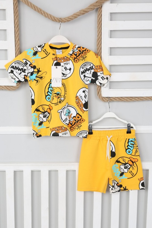 2-8 Yaş Arka Baskılı Tişört Ve Şortlu Sarı Takım