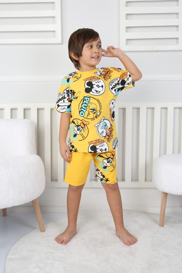 2-8 Yaş Arka Baskılı Tişört Ve Şortlu Sarı Takım