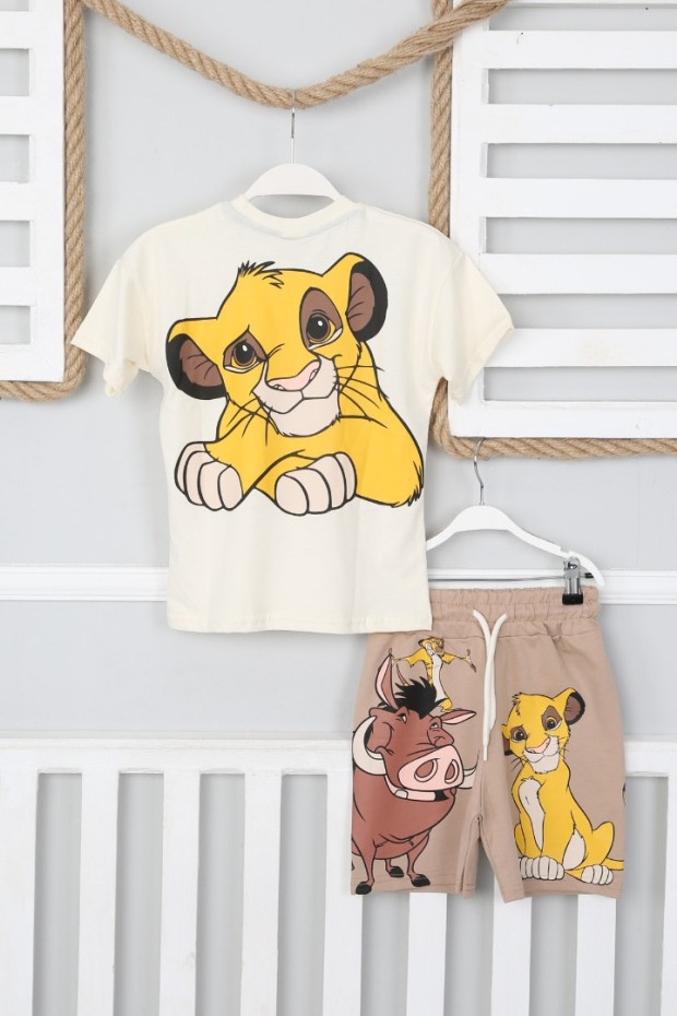 2-8 Yaş Arka Baskılı Tişört Ve Şortlu Krem Takım