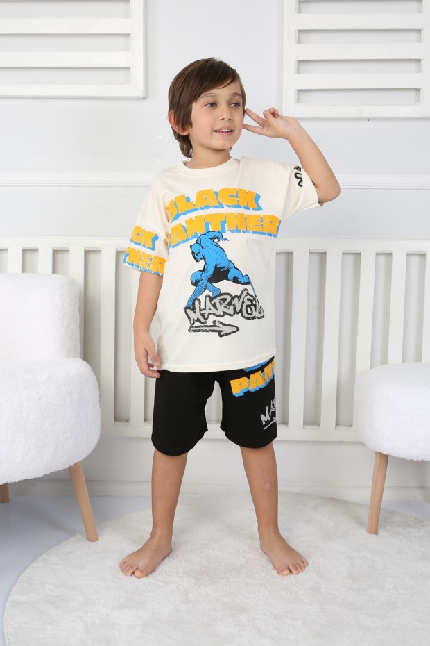 Baskılı Tişört Ve Şortlu Krem Takım