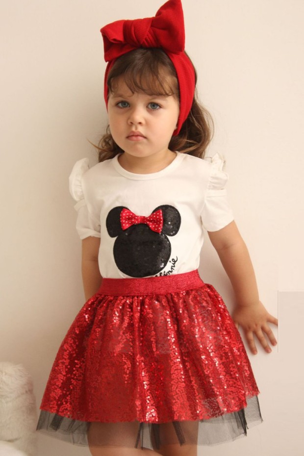 Baskılı Tişört Ve Pullu Etekli Kırmızı Takım