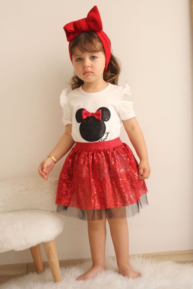 Baskılı Tişört Ve Pullu Etekli Kırmızı Takım