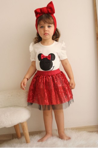 Baskılı Tişört Ve Pullu Etekli Kırmızı Takım