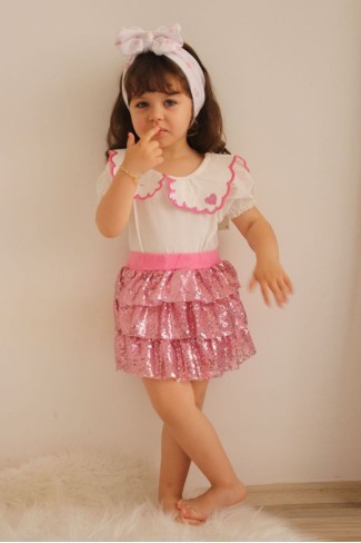 Bebe Yaka Tişört Ve Pullu Etekli Pembe Takım