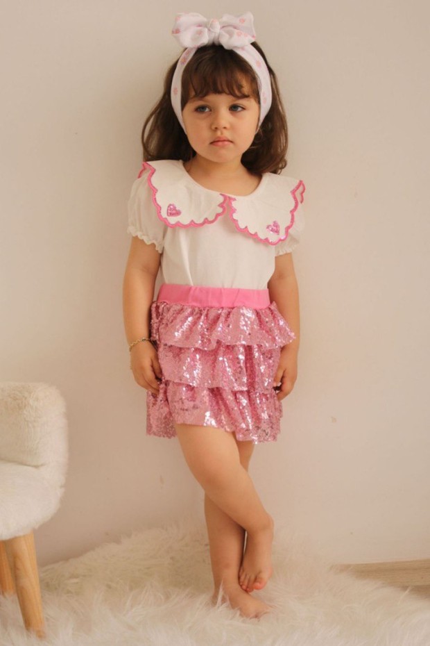 Bebe Yaka Tişört Ve Pullu Etekli Pembe Takım