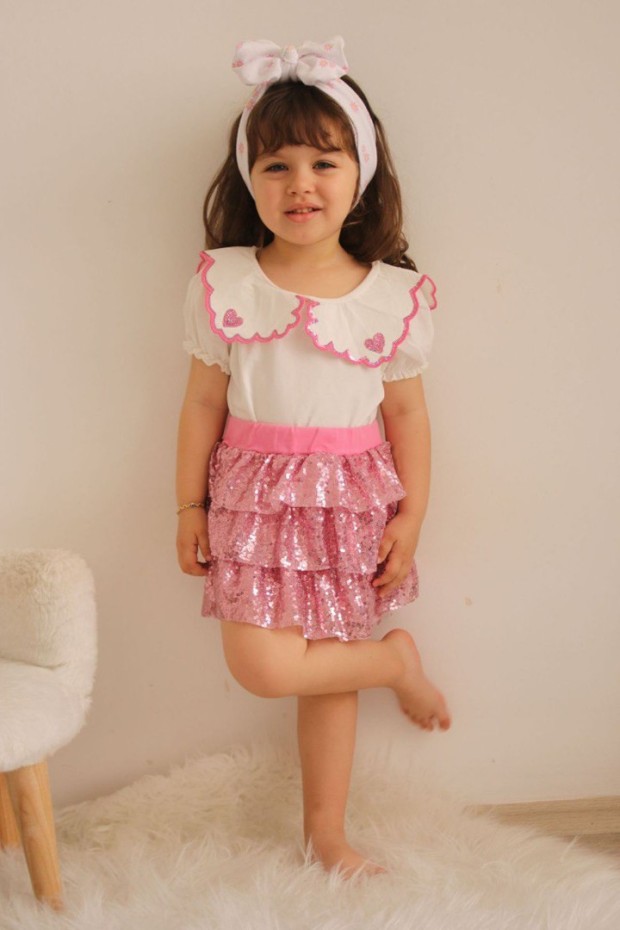 Bebe Yaka Tişört Ve Pullu Etekli Pembe Takım