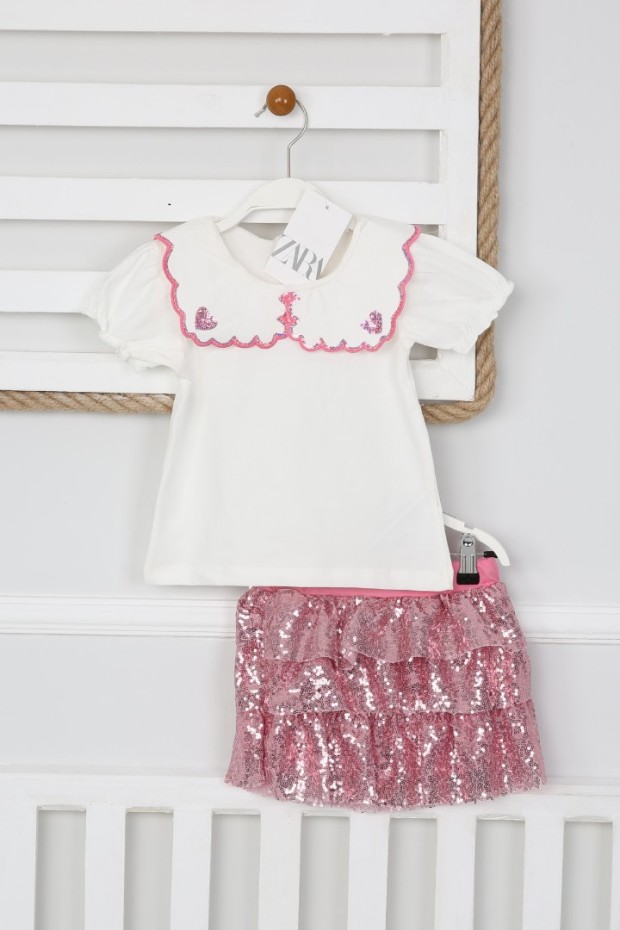 Bebe Yaka Tişört Ve Pullu Etekli Pembe Takım