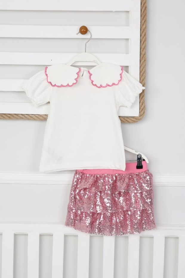 Bebe Yaka Tişört Ve Pullu Etekli Pembe Takım