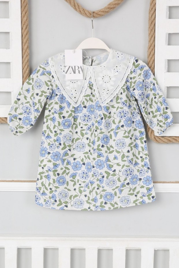 2-8 Yaş Bebe Yaka Çiçekli Pembe Elbise