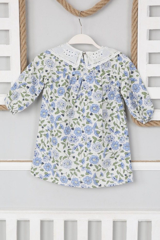 2-8 Yaş Bebe Yaka Çiçekli Pembe Elbise