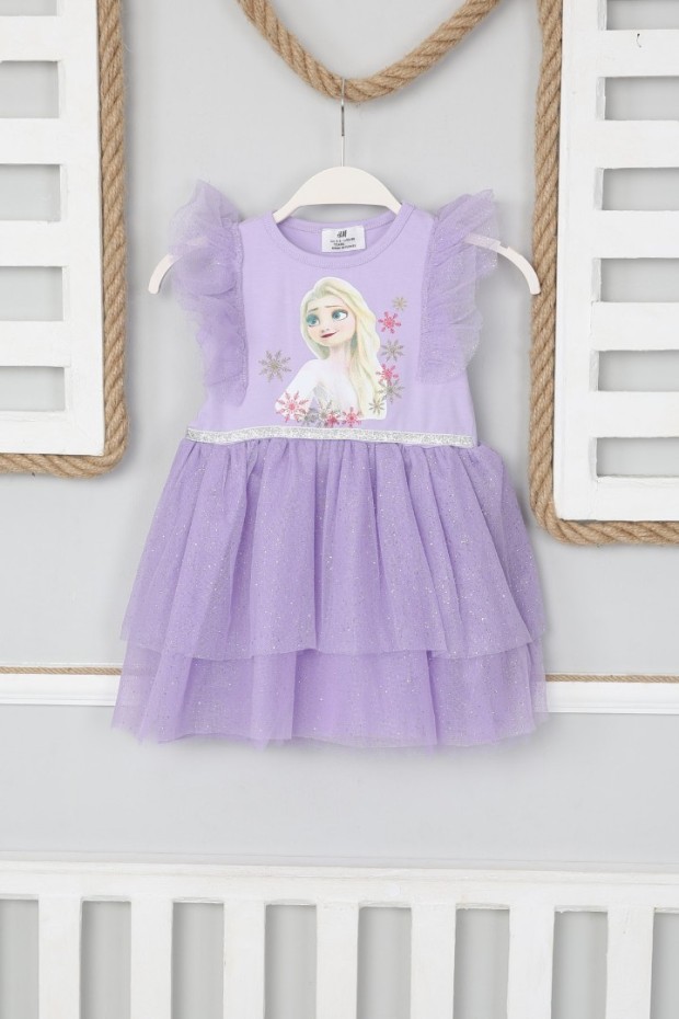 2-8 Yaş Tüllü Baskılı Lila Elbise