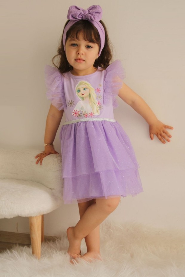 2-8 Yaş Tüllü Baskılı Lila Elbise