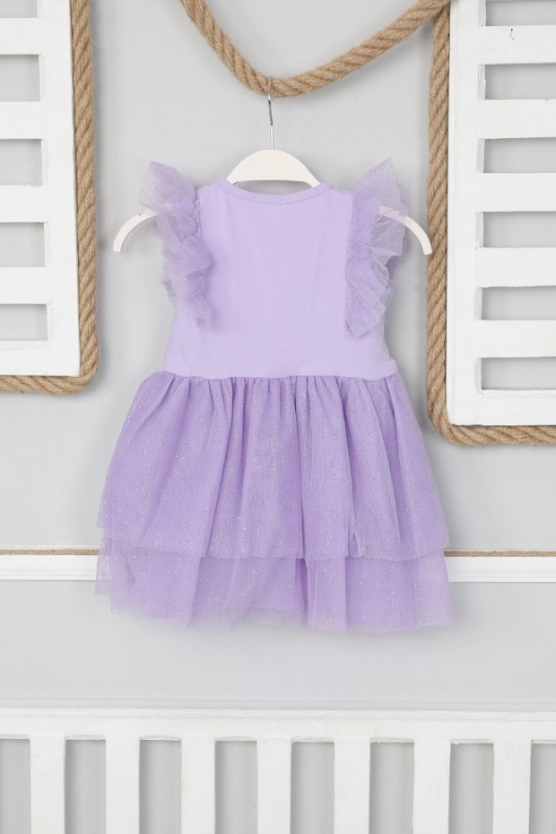 2-8 Yaş Tüllü Baskılı Lila Elbise