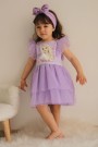 2-8 Yaş Tüllü Baskılı Lila Elbise