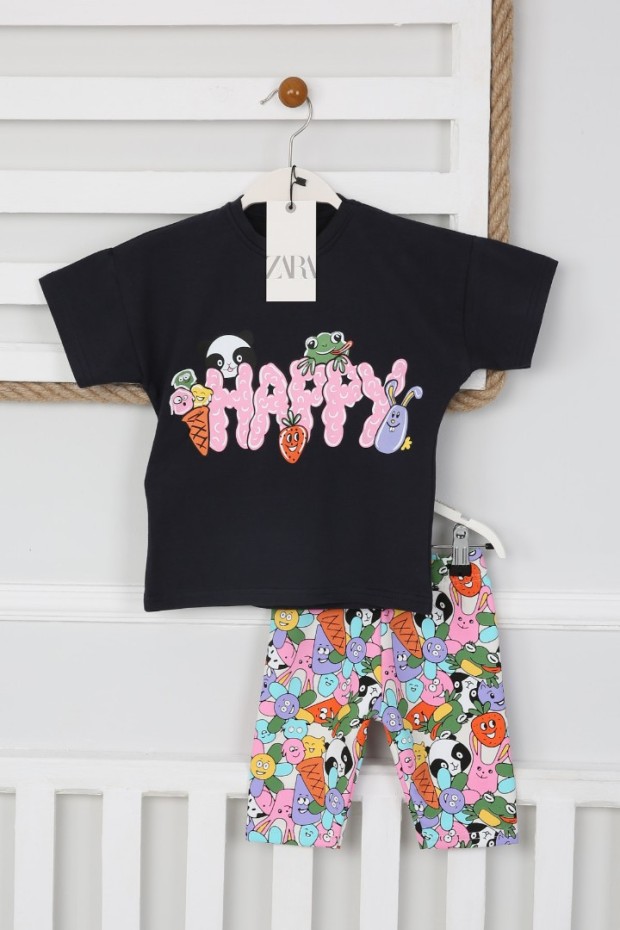 Baskılı Tişört Ve Taytlı Siyah Takım