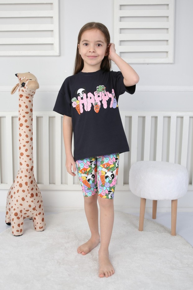 Baskılı Tişört Ve Taytlı Siyah Takım