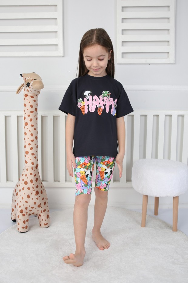 Baskılı Tişört Ve Taytlı Siyah Takım