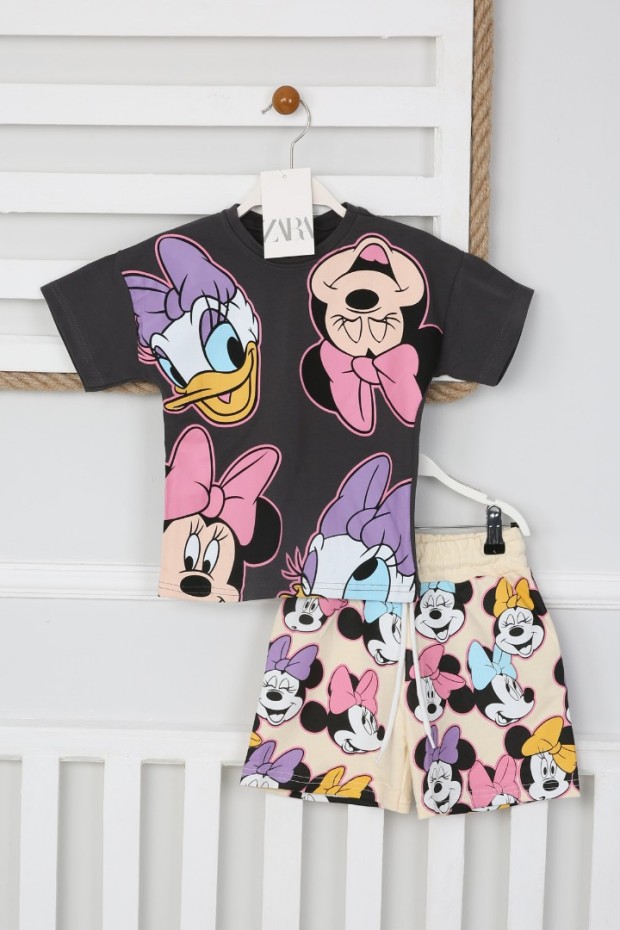 Baskılı Tişört Ve Şortlu Antrasit Takım