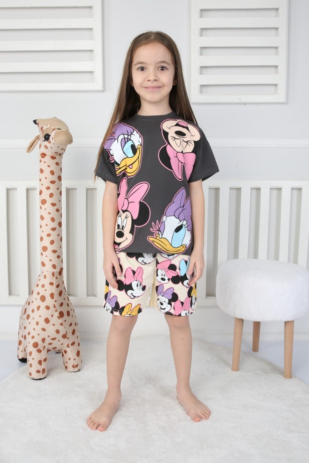 Baskılı Tişört Ve Şortlu Antrasit Takım