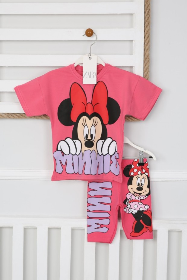 Baskılı Tişört Ve Taytlı Fuşya Takım