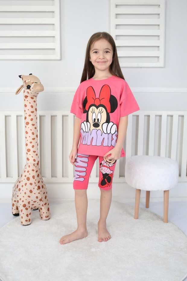 Baskılı Tişört Ve Taytlı Fuşya Takım