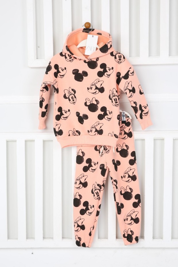 Üç İplik Kapşonlu Şardonlu Baskılı TuruncuTakım 