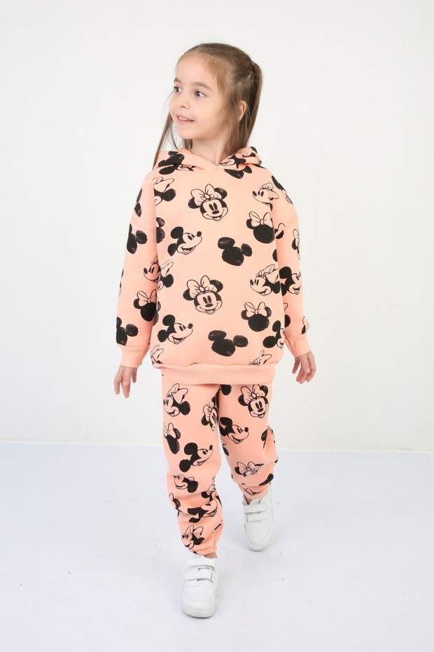 Üç İplik Kapşonlu Şardonlu Baskılı TuruncuTakım 