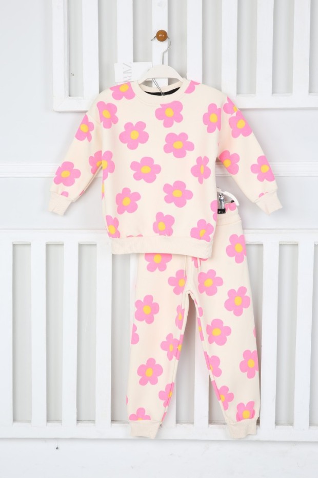 Üç İplik Şardonlu Baskılı Pembe Takım 